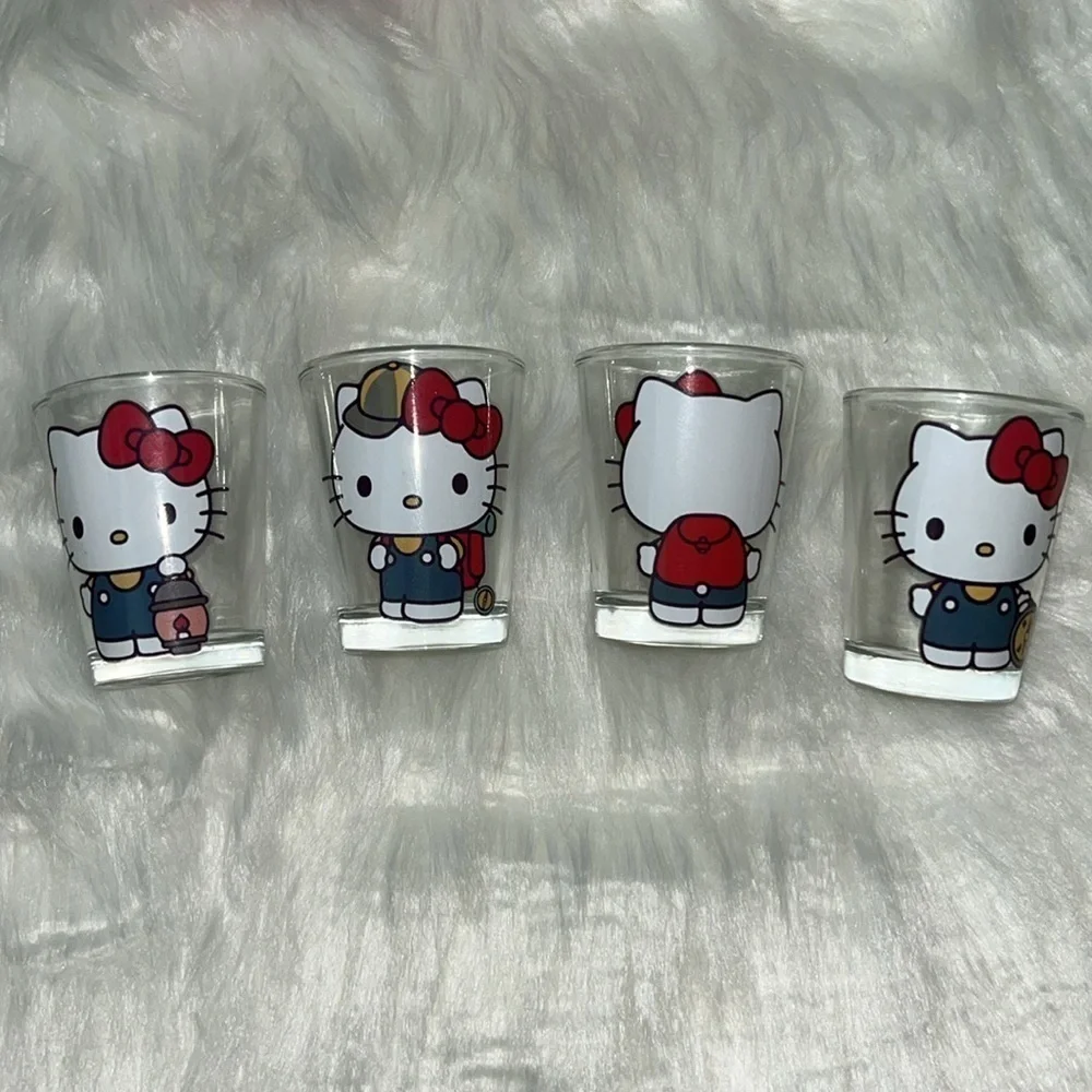 🆕 Hello Kitty Camping Design 4- Piece Glassware Set Shot Glasses 1.5 Oz Each